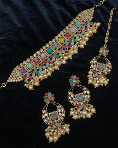 Attractive Golden Color Necklace, Earrings and Matha Tikka with Lovely Red, Green and Blue Color Pearls for Special Occasion