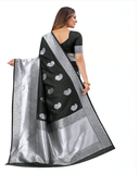 Lovely Black Color Banarasi Silk Saree with Beautiful Silver Zari Weaving for Special Occasion