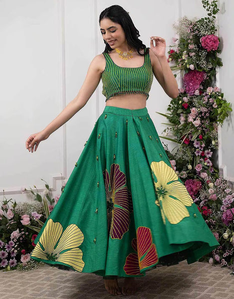 Green Sequined Lehenga with Blouse and Dupatta