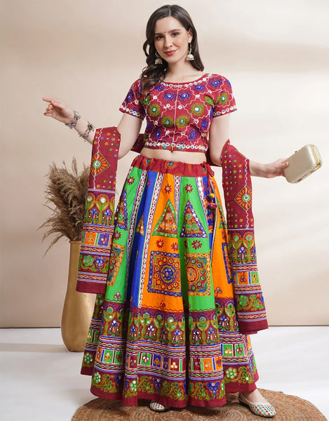 Red & Green Color Cotton Navratri Chaniya Choli