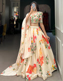 Cream Floral Georgette Lehenga Choli with Lace Border