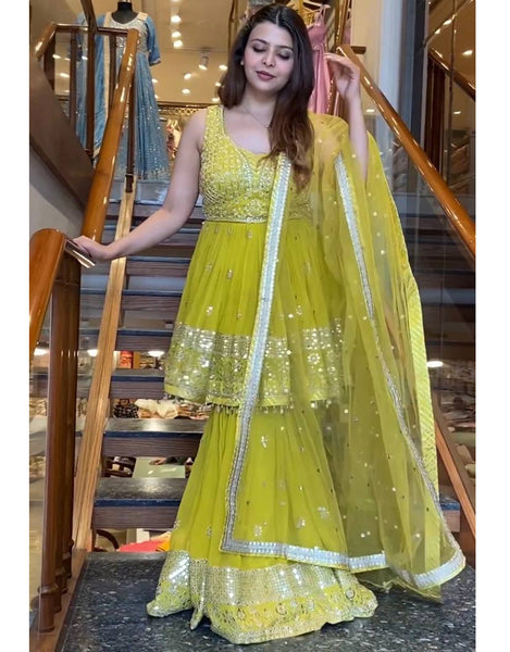 Lemon Yellow Faux Georgette Sharara Suit