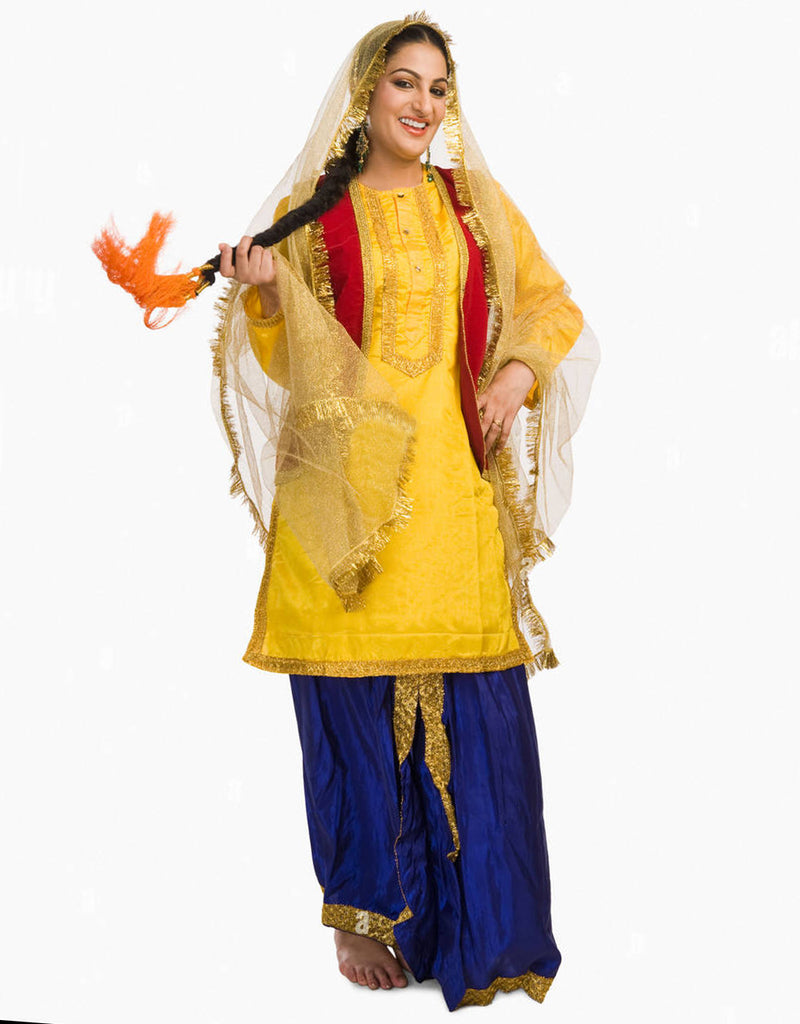 Yellow/Blue Silk Punjabi Bhangra Dance Dress Sulbha Fashions Yellow/Blue Silk Punjabi Bhangra Dance Dress Sulbha Fashions