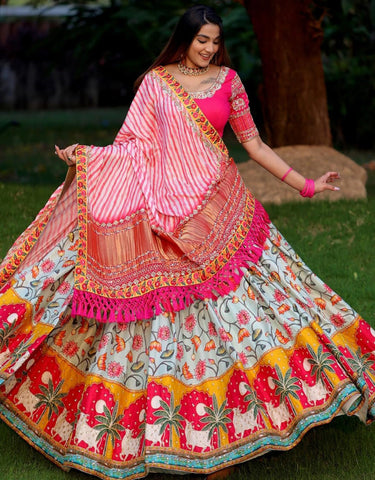 Printed Pink Color Real Mirror Work Lehenga Choil