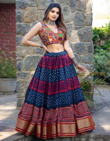 Printed Blue Real Mirror Work Lehenga Choil