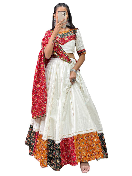 White and Red Cotton Silk Navratri Chaniya Choli