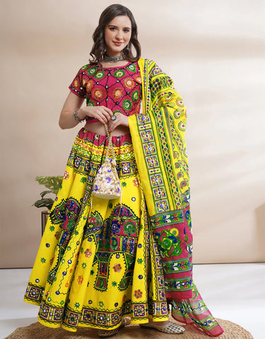 Pink & Yellow Color Cotton Navratri Chaniya Choli