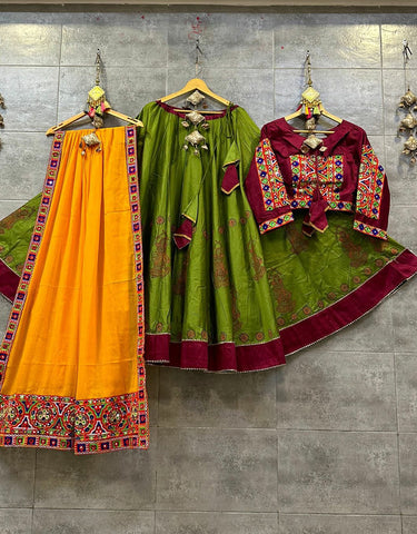 Green and Maroon Cotton Silk Navratri Chaniya Choli