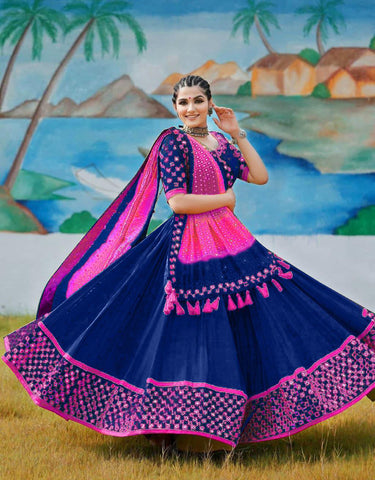 Navratri Special Blue & Pink Printed Lehenga Choli with Dupatta Set