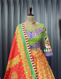 Printed Red & Yellow Color Real Mirror Work Lehenga Choil