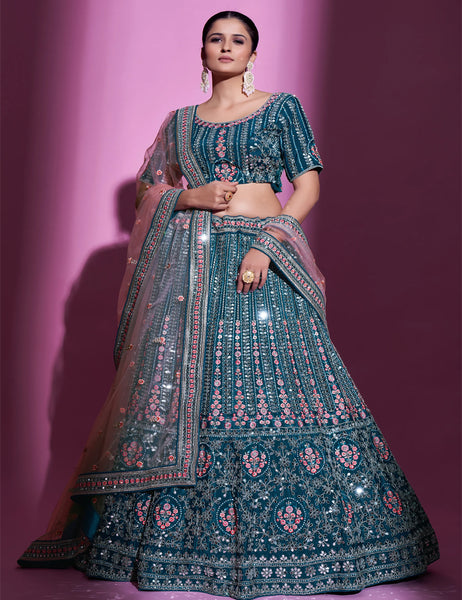 Enchanting Teal Blue Mirror Work Crepe Wedding Wear Lehenga Choli