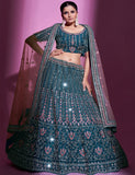 Enchanting Teal Blue Mirror Work Crepe Wedding Wear Lehenga Choli