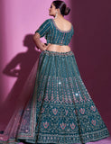 Enchanting Teal Blue Mirror Work Crepe Wedding Wear Lehenga Choli