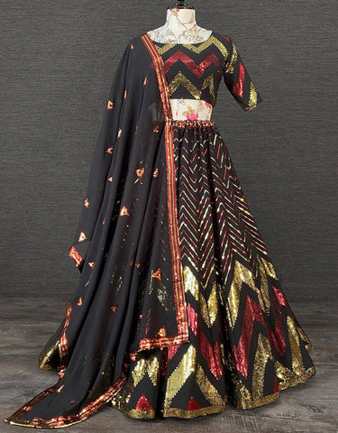 Beauteous Black Sequins Embroidered Georgette Party Wear Lehenga Choli