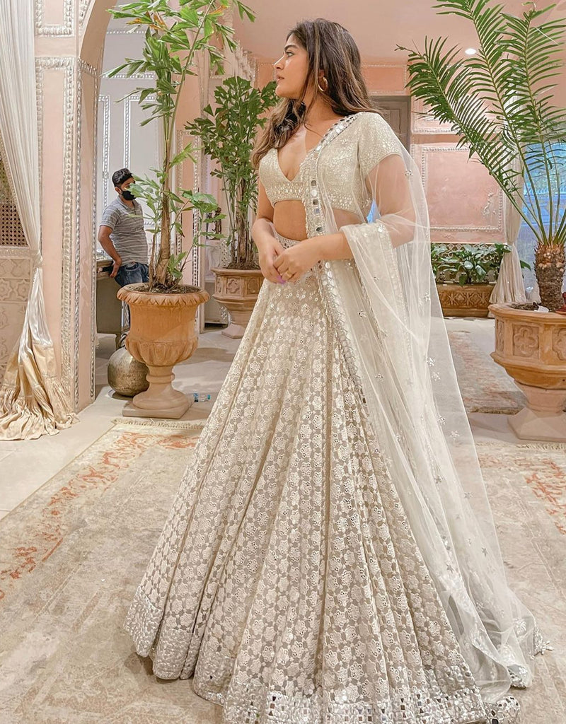Off-White Color Georgette Base Mirror Work Base Elegant Lehenga
