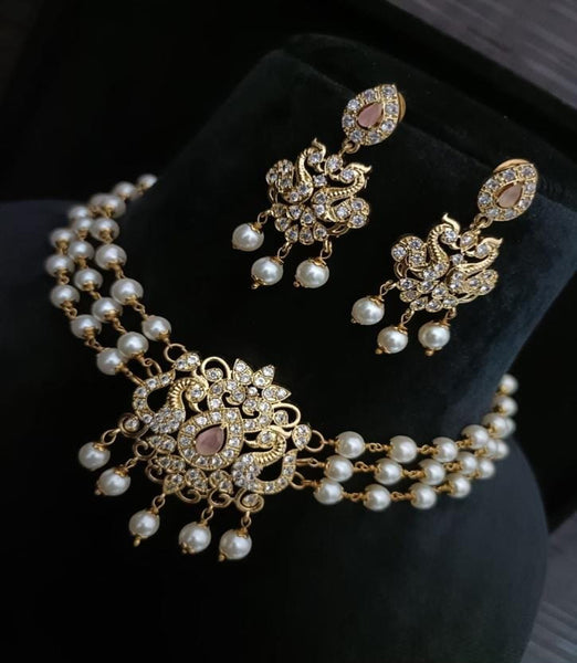 Party Wear Golden & Pink kundan along with beads work Necklace with Earrings