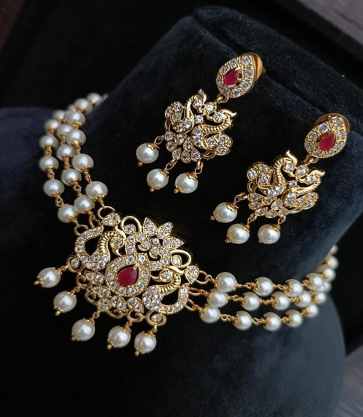 Party Wear Golden & Maroon kundan along with beads work Necklace with Earrings