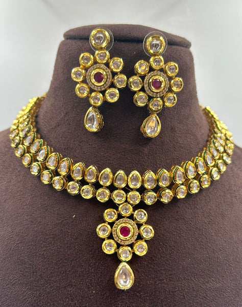 Golden Kundan Jadau Necklace with Earrings