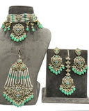 Party Wear Light Green kundan along with beads work Necklace with Earrings
