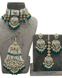 Party Wear Dark Green kundan along with beads work Necklace with Earrings
