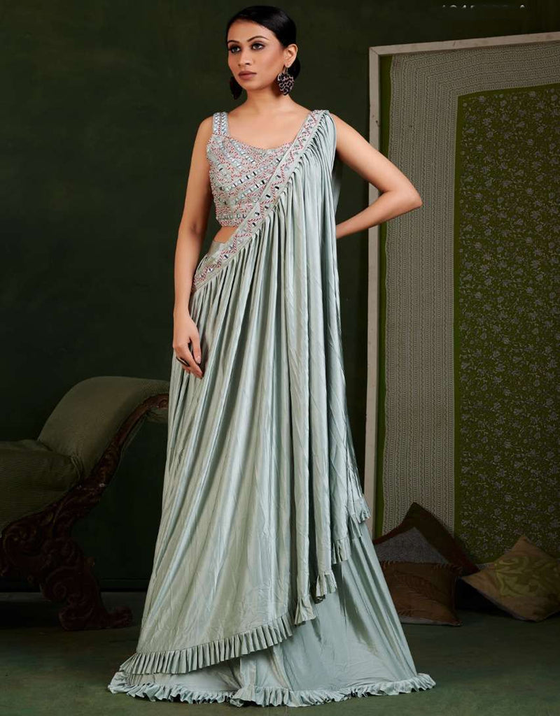 Party wear Blue Designer Lehenga Ready To Wear Pre Pleated Saree