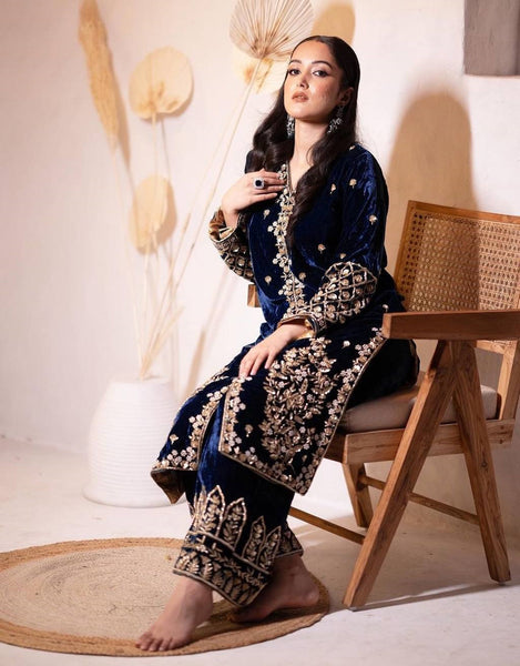 Designer Velvet Blue Punjabi Suit Sulbha Fashions 1732