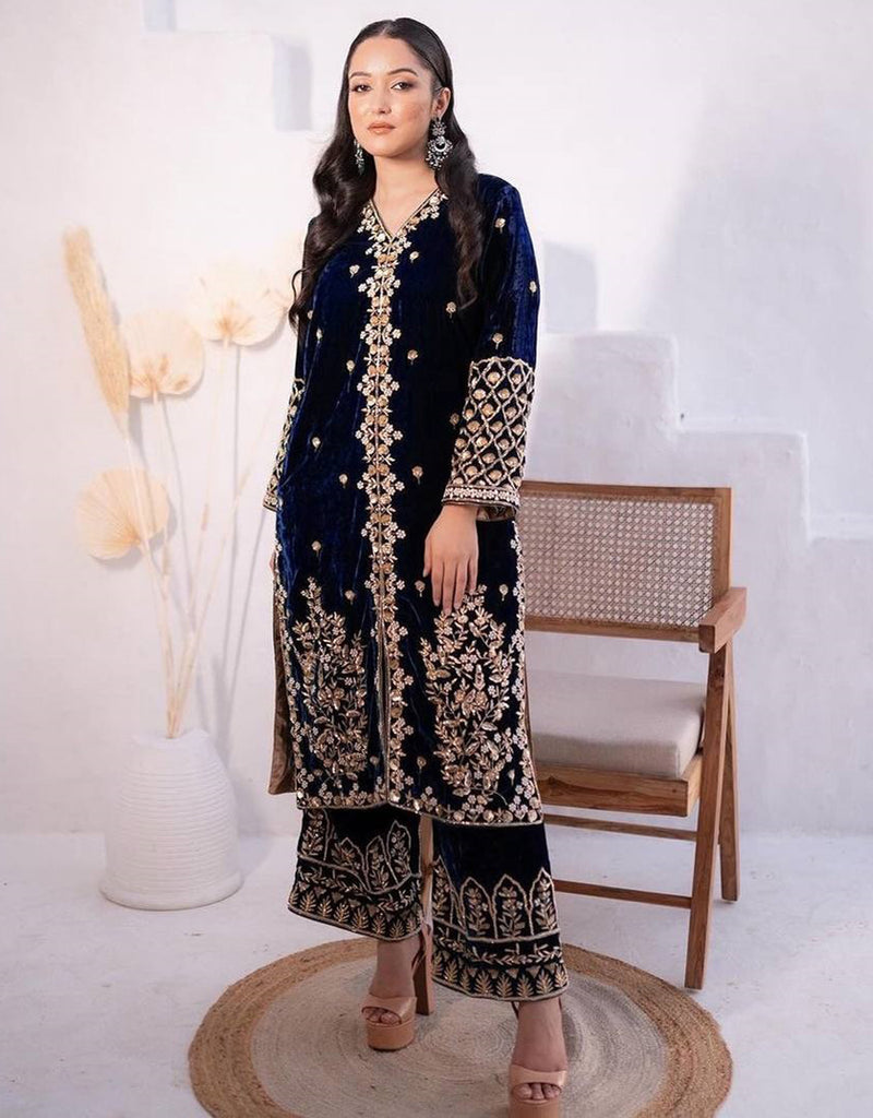 Designer Velvet Blue Punjabi Suit Designer Velvet Blue Punjabi Suit