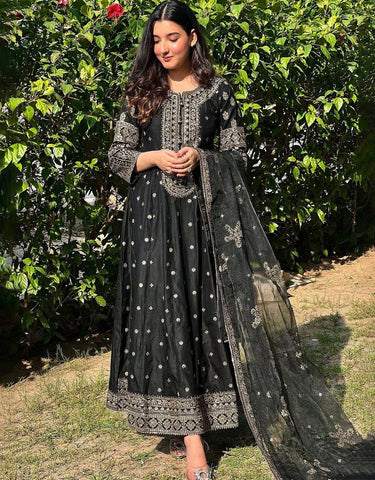 Black Designer Embroidered Anarkali Gown
