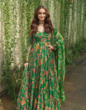 Dark Green Digital Flower Printed Long Sleeves Anarkali Gown