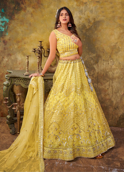 Yellow Premium Net Sequins Wedding Lehenga Choli