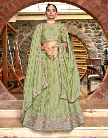 Sequins Embroidered Pista Green Chinon Sangeet Wear Lehenga Choli