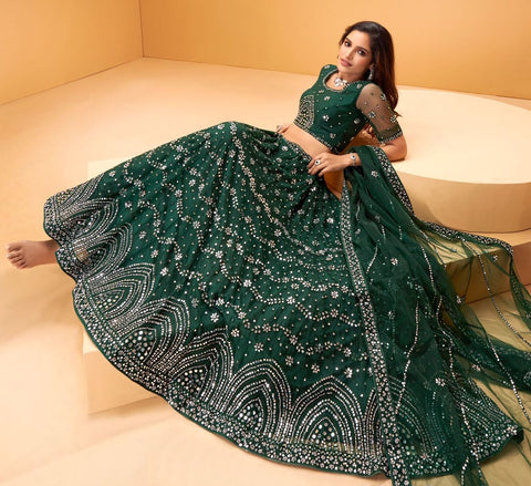 Green Wedding Lehenga with thread embroidery