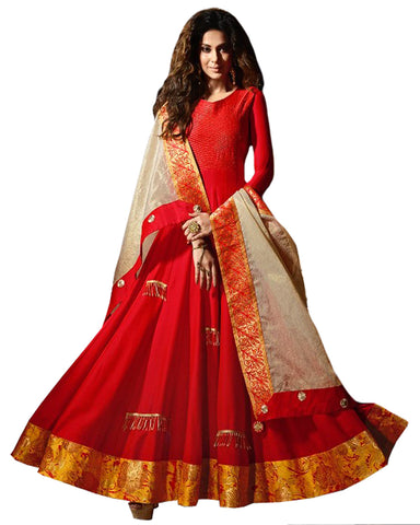 Party Wear Red Chiffon & Silk Salwar Suit