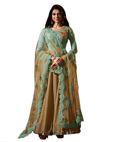 Party Wear Gold-Blue Net Salwar Suit