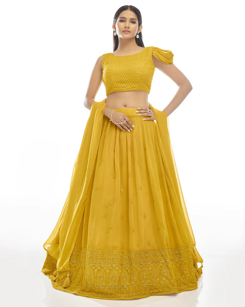 Trendy Yellow Color Mirror Lehenga Choli