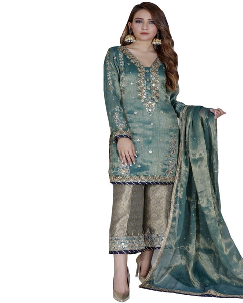 Sea Blue And Grey Embroidered Borcade Palazzo Hand work Suit Design