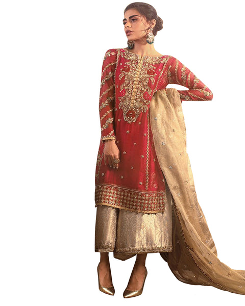 Red And Beige Embroidered Borcade Palazzo Hand work Suit Design