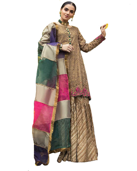 Brown Brocade Silk Embroidered Sharara Style Pakistani Suit