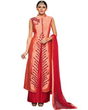 Peach And Red Designer Embroidered Party Wear Silk Palazzo Suits