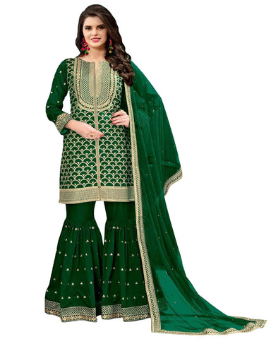 Demanding Green Colored Partywear Embroidered Art Silk Palazzo Suit