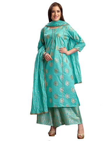Glowing Aqua Blue Colored Partywear Foil Printed Pure Cotton Palazzo Suit