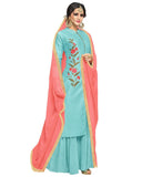 Glowing Sky Blue Colored Partywear Embroidered Muslin Silk Palazzo Suit