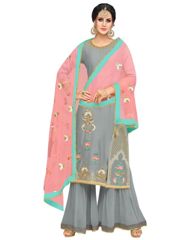 Blooming Gray Colored Partywear Embroidered Muslin Silk Palazzo Suit