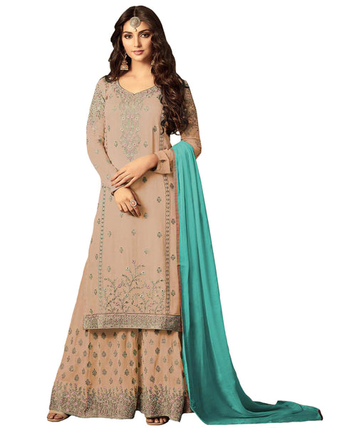 Ideal Gold Colored Partywear Embroidered Georgette Palazzo Suit