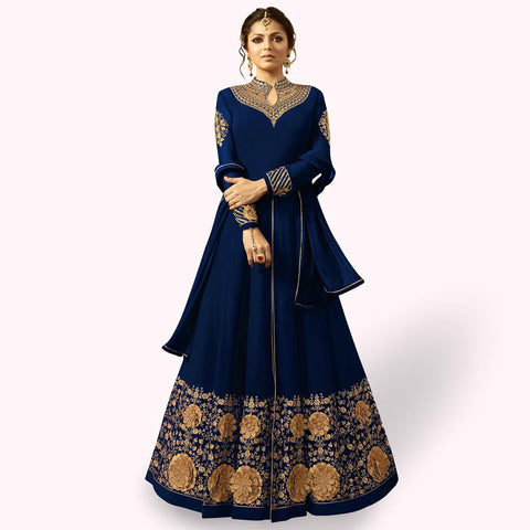 Marvellous Navy Blue Colored Partywear Embroidered Georgette Abaya Style Anarkali Suit