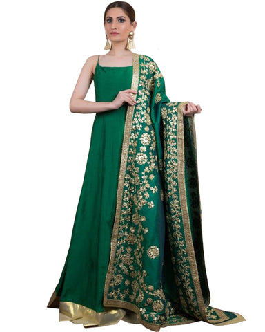 Dark Green Colored Party wear Embroidered Silk Abaya Style Anarkali Suit