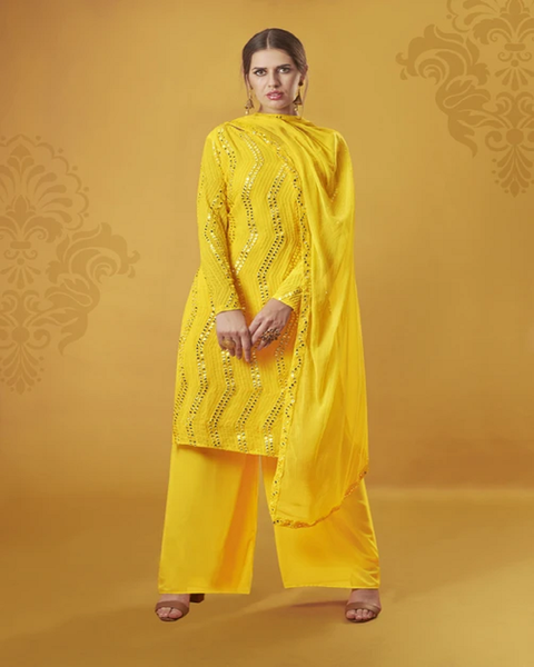 Beautiful Yellow Color Georgette Palazzo Suit with Foil Mirror and Thread Work