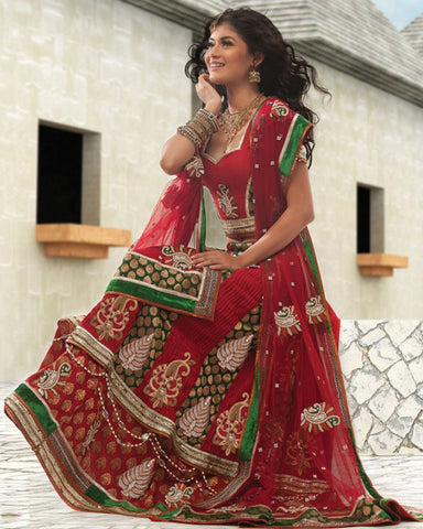 Red Green Designer Lahenga