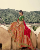 Lovely Premium Quality Multi Color Pure Silk Lehenga and Green Blouse with Beautiful Red Color Silk Dupatta for Special Occasion