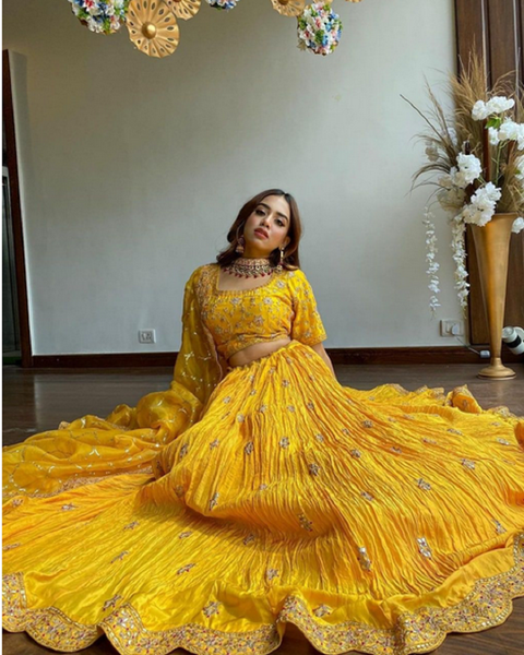 Beautiful Yellow Color Chinon Silk Lehnga Choli with Dupatta for Special Occasion